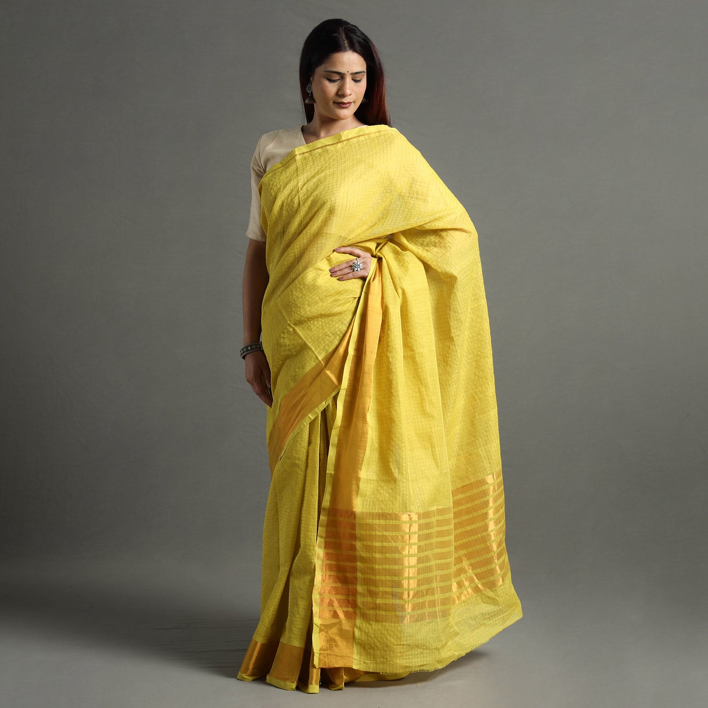 Yellow - Traditional Venkatagiri Handloom Cotton Zari Checks Saree with One Side Zari Border 33