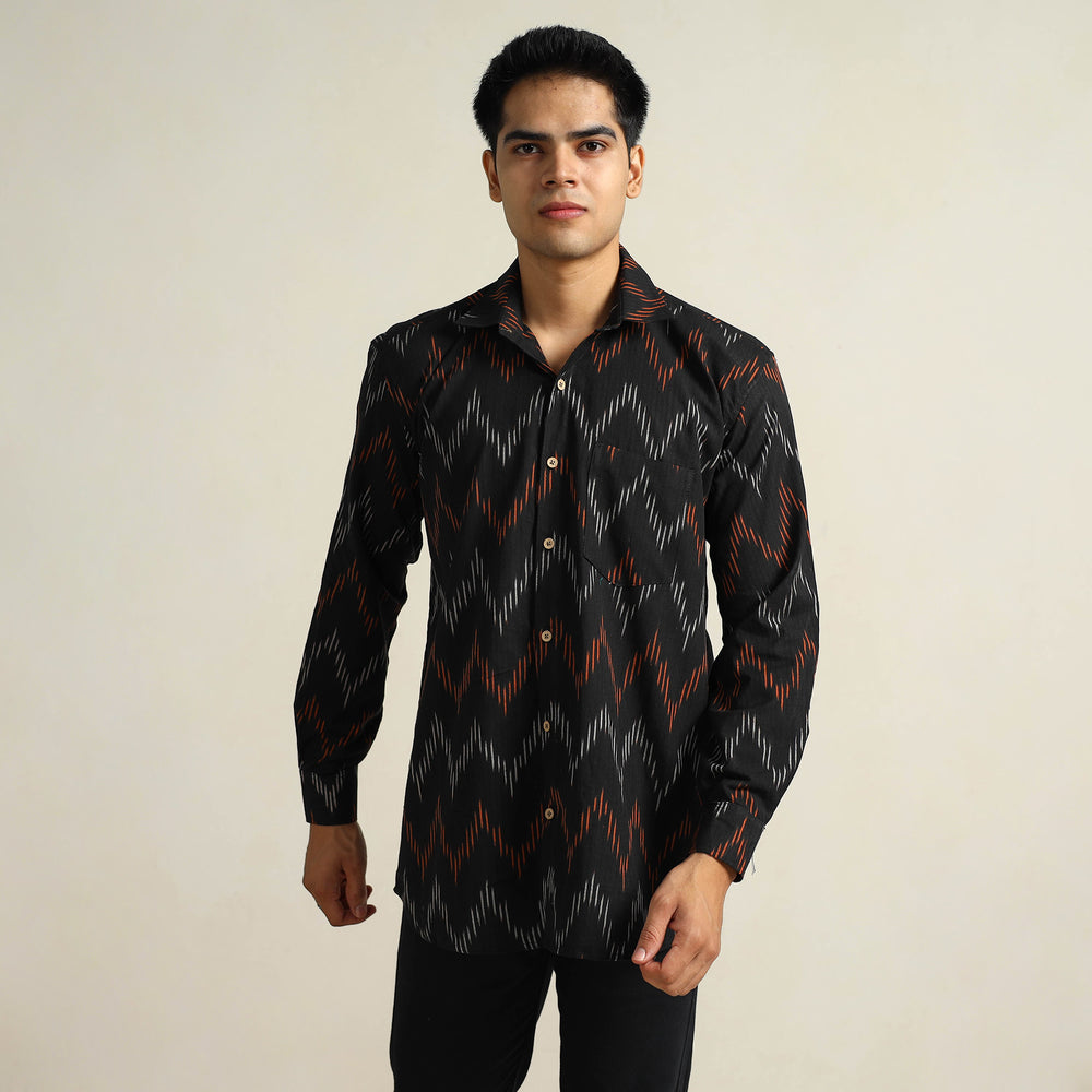 Black - Pochampally Ikat Weave Cotton Men Full Sleeve Shirt 16