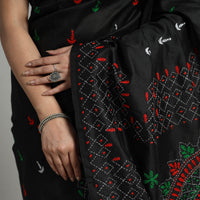 Black - Handcrafted Bengal Nakshi Kantha Work Silk Saree 16