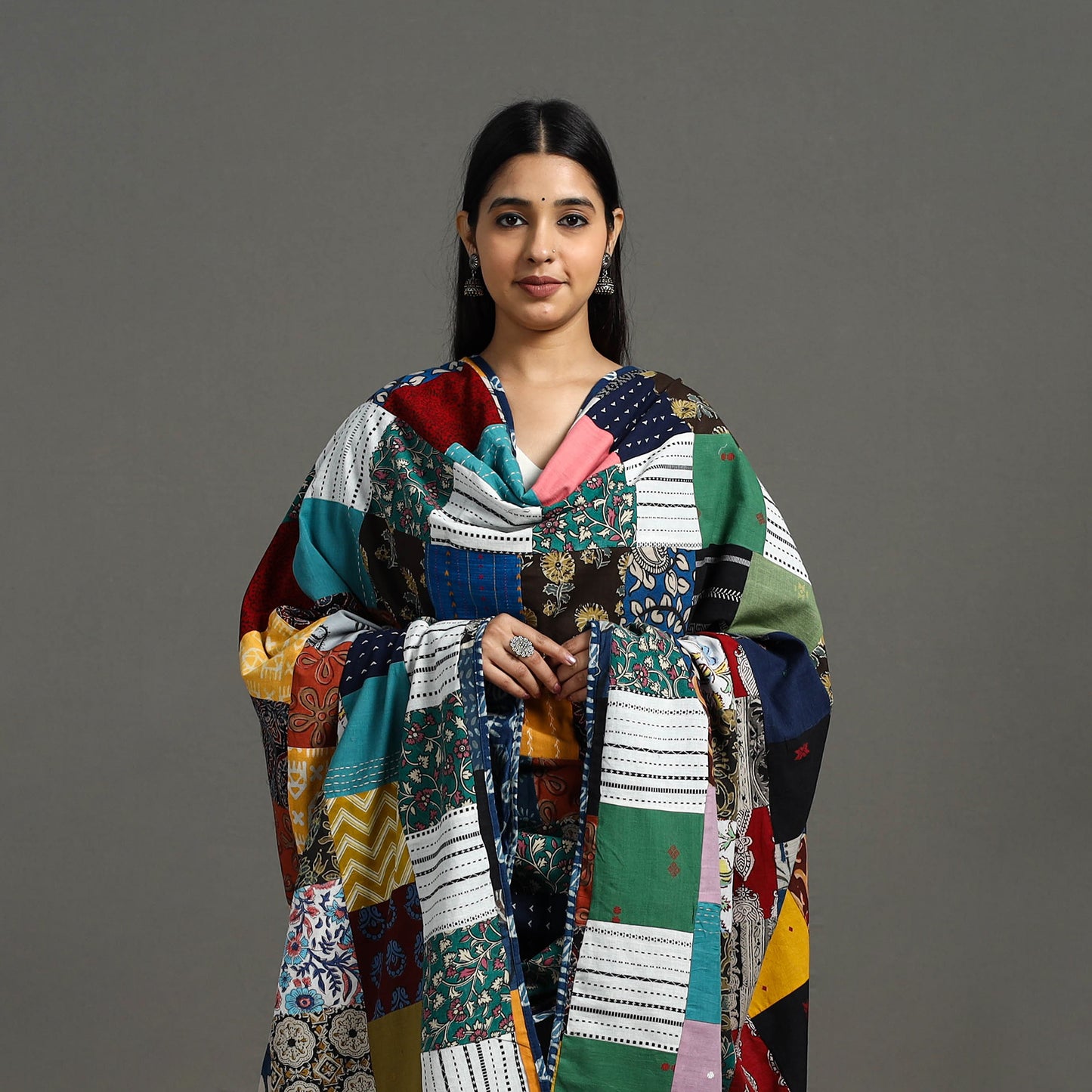 Multicolor - indigo cotton reversible patchwork dupatta 16