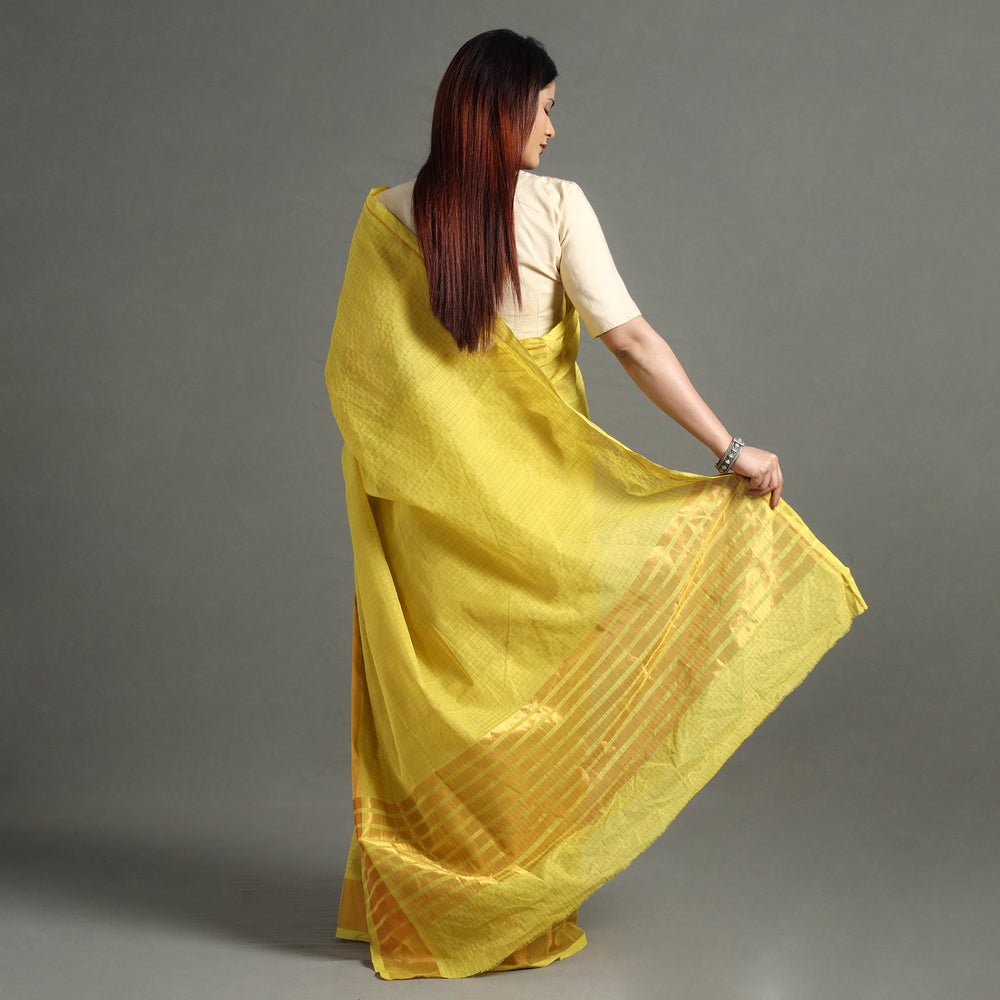 Yellow - Traditional Venkatagiri Handloom Cotton Zari Checks Saree with One Side Zari Border 33