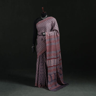Handwoven Merino Wool Natural Dyed Hand Block Bagh Print Saree 01