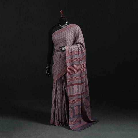Handwoven Merino Wool Natural Dyed Hand Block Bagh Print Saree 01