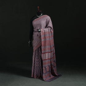Handwoven Merino Wool Natural Dyed Hand Block Bagh Print Saree 01