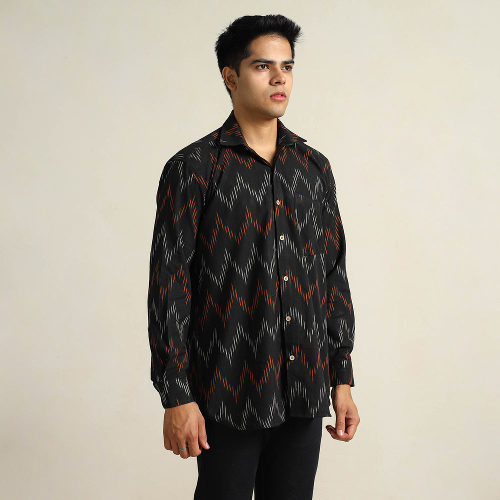 Black - Pochampally Ikat Weave Cotton Men Full Sleeve Shirt 16