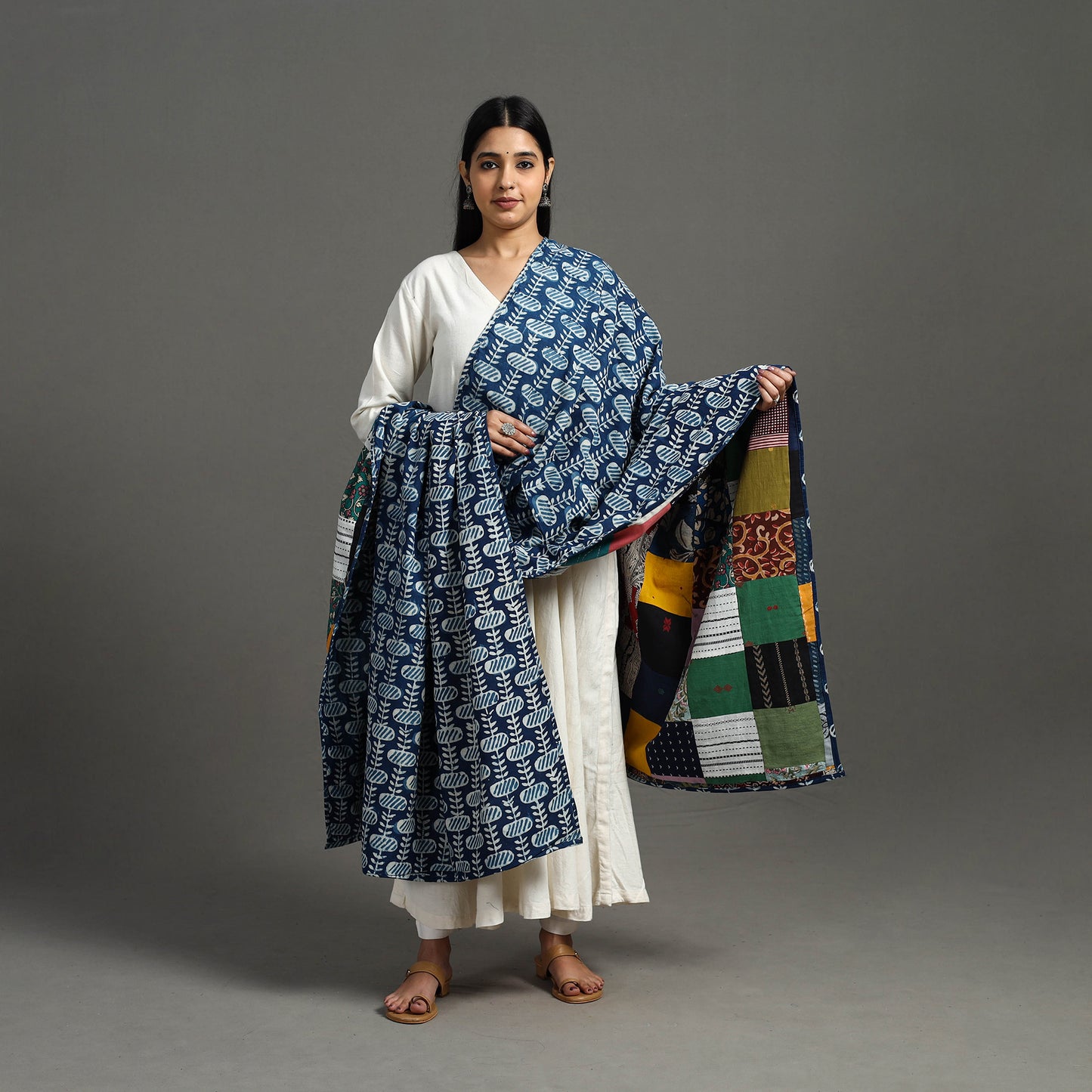 Multicolor - indigo cotton reversible patchwork dupatta 16