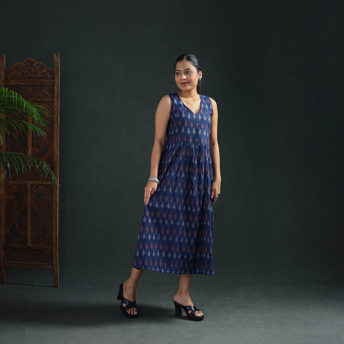 Pochampally Ikat Cotton Sleeveless Flared Long Dress for Women 17