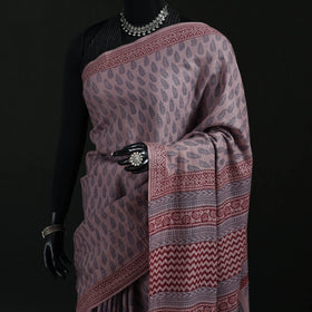 Handwoven Merino Wool Natural Dyed Hand Block Bagh Print Saree 01