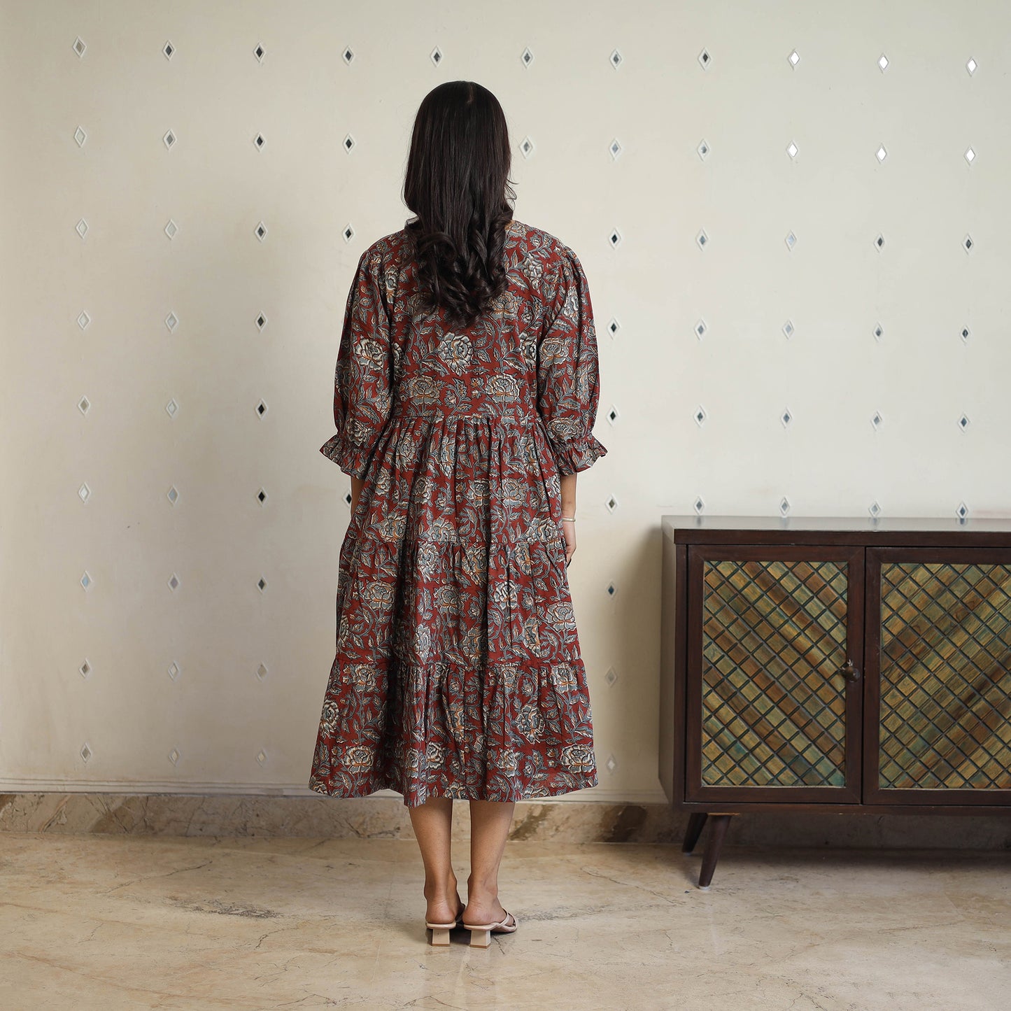 Red - Block Printed Cotton Flare Jahota Dress 07