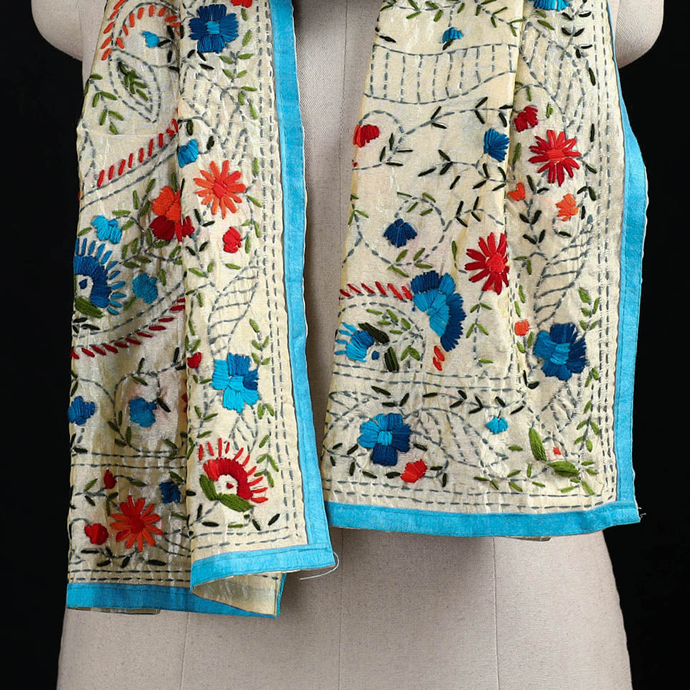 Beige - Ranihati Chanderi Silk Hand Embroidered Stole 28