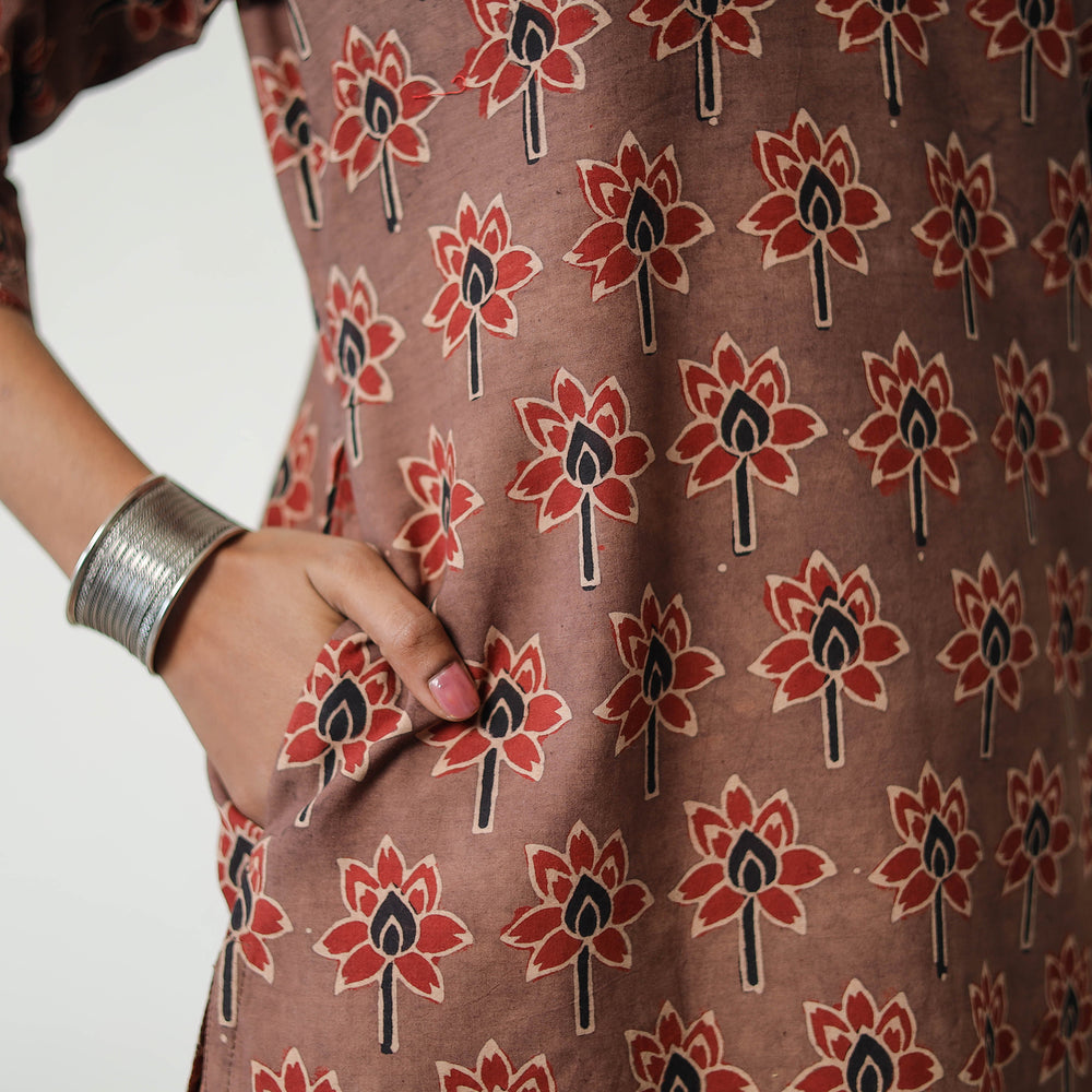 Brown - Block Printed Cotton Straight Ajrakh Kurta 16