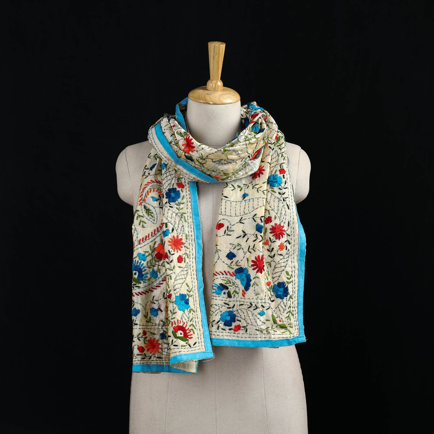 Beige - Ranihati Chanderi Silk Hand Embroidered Stole 28
