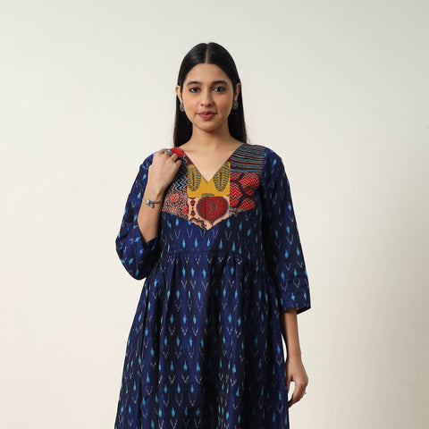 Blue - Mercerized Cotton Flared Pochampally Ikat Dress 01