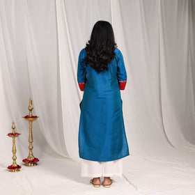 Blue Aaliya Slub Silk Straight Plain Kurta with Patchwork for Women
