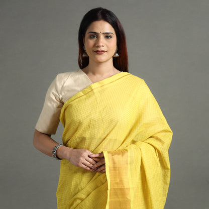 Yellow - Traditional Venkatagiri Handloom Cotton Zari Checks Saree with One Side Zari Border 33