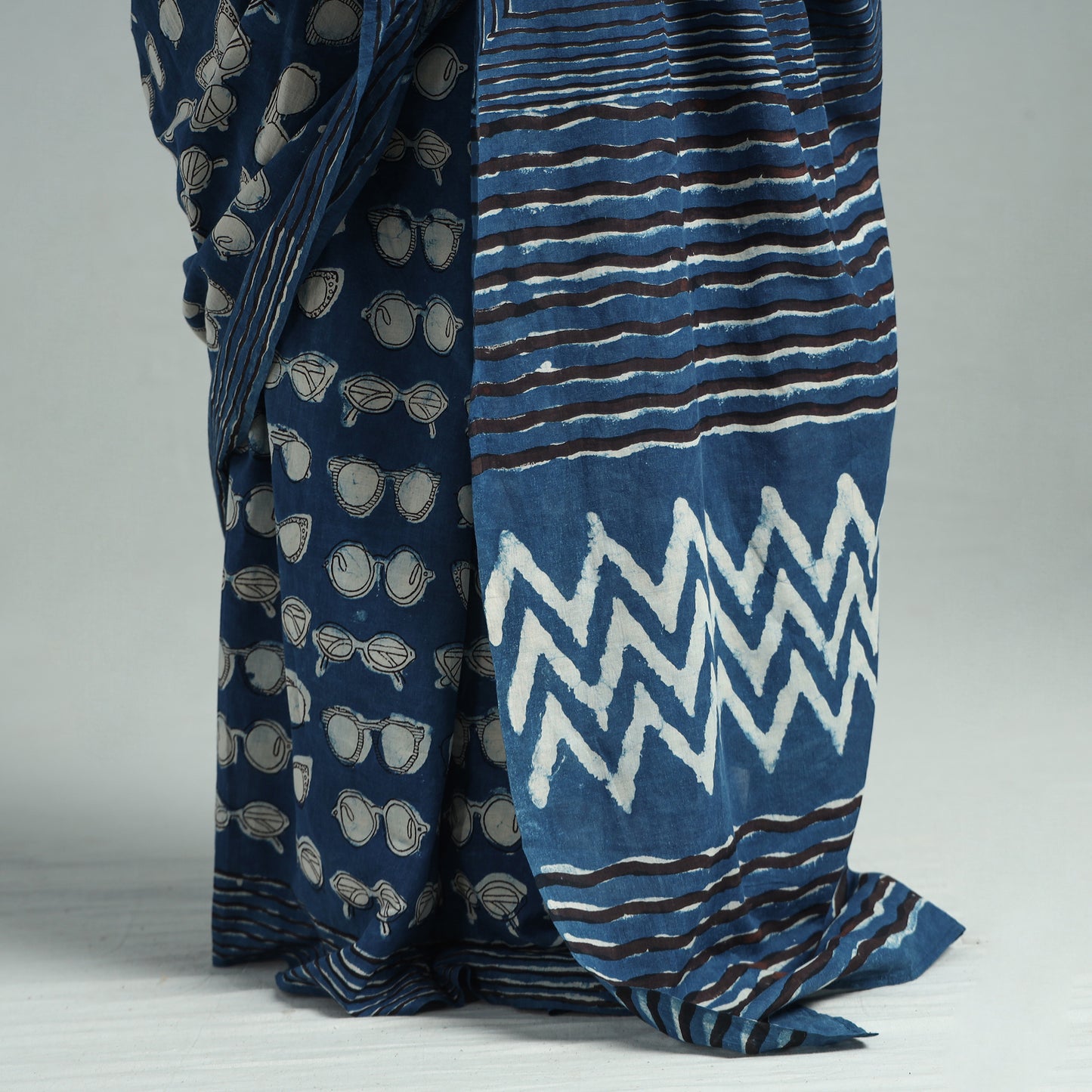 Blue - Bindaas Art Block Printed Natural Dyed Cotton Saree 03