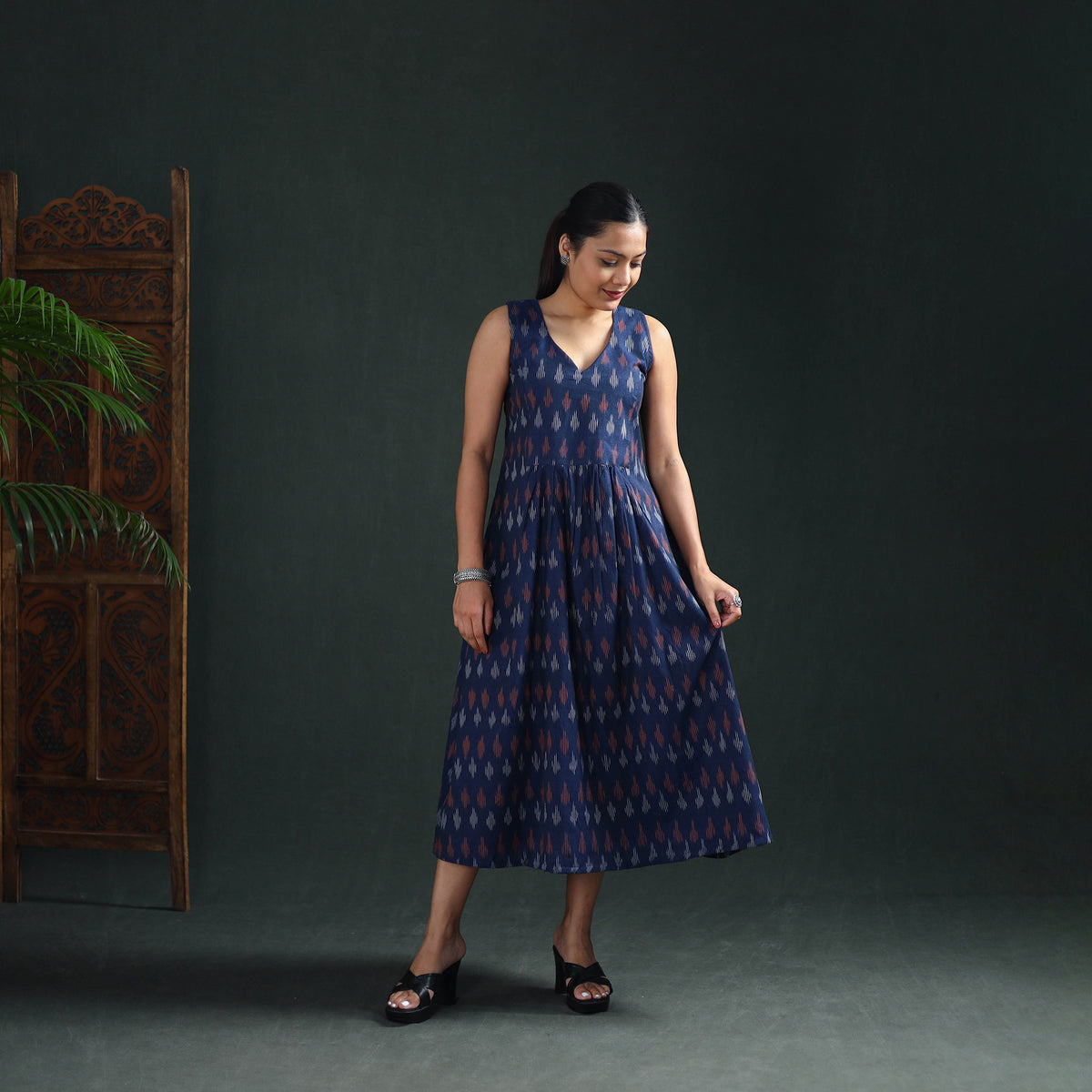 Pochampally Ikat Cotton Sleeveless Flared Long Dress for Women 17