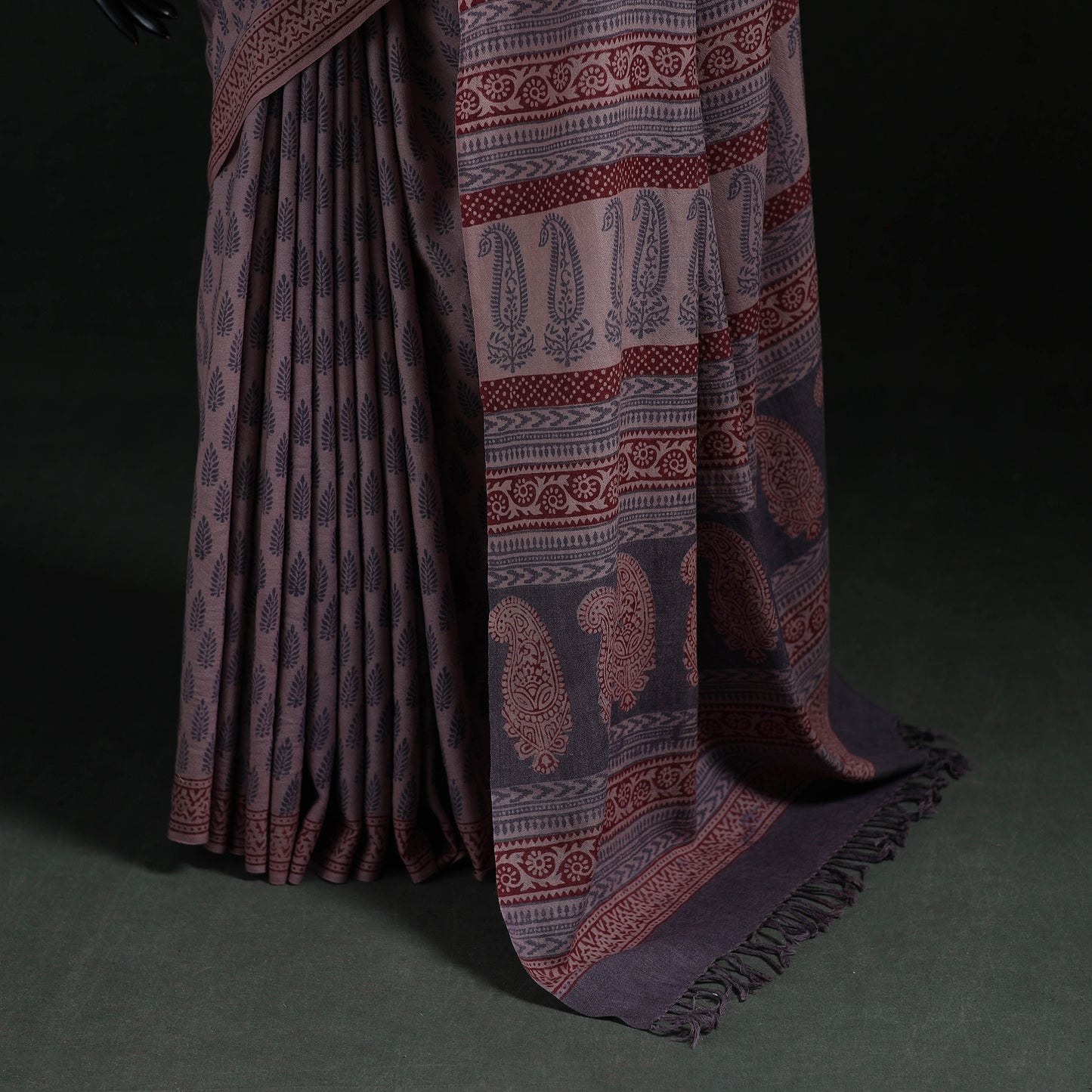 Handwoven Merino Wool Natural Dyed Hand Block Bagh Print Saree 01