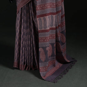 Handwoven Merino Wool Natural Dyed Hand Block Bagh Print Saree 01