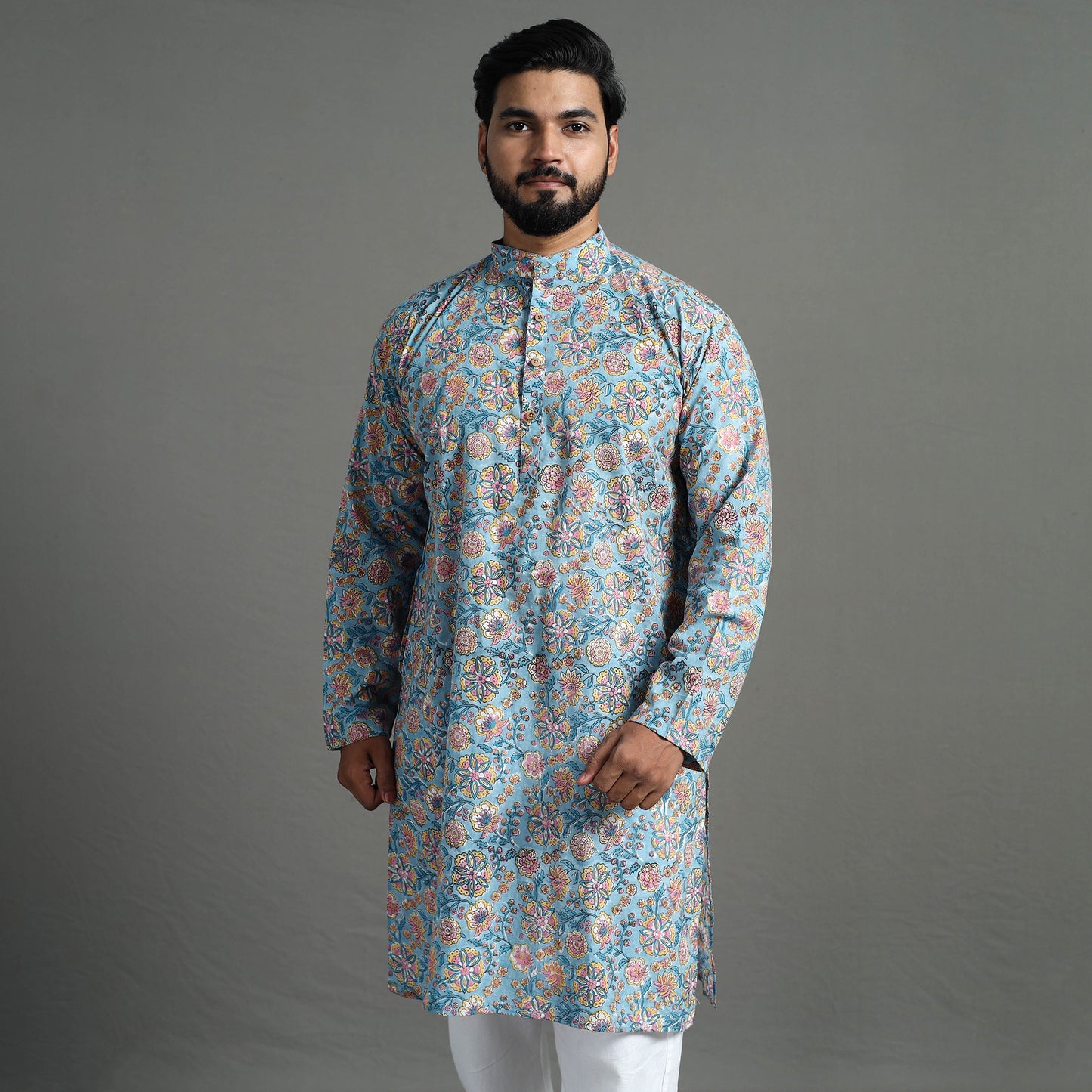 Sanganeri Block Printed Cotton Men Long Kurta 08