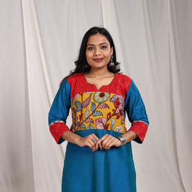 Blue Aaliya Slub Silk Straight Plain Kurta with Patchwork for Women