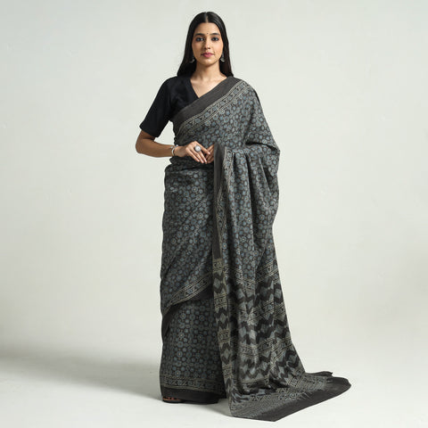 Brown - Ajrakh Block Printed Cotton Natural Dyed Saree