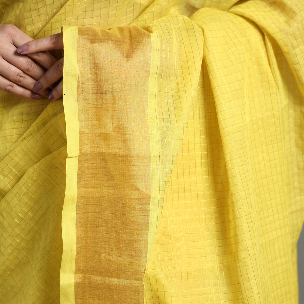 Yellow - Traditional Venkatagiri Handloom Cotton Zari Checks Saree with One Side Zari Border 33