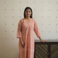  Peach Block Print Cotton Straight Sanganeri Kurta for Women