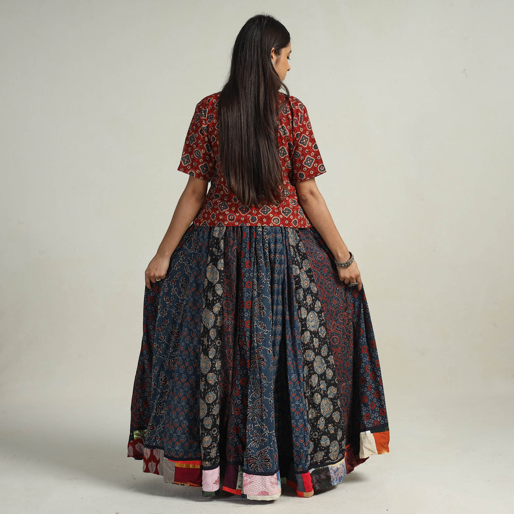 Multicolor - Kutch Block Printed 24 Kali Cotton Long Skirt 26