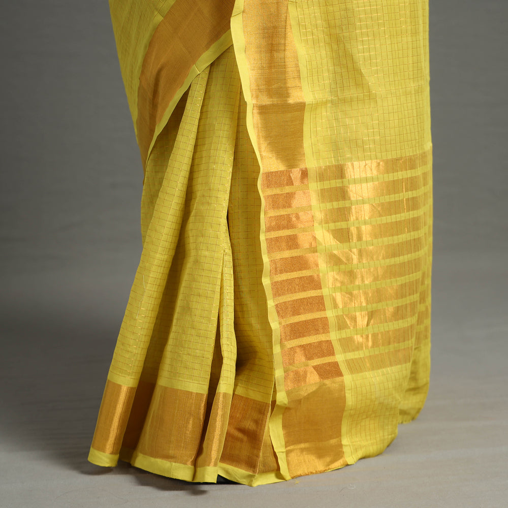 Yellow - Traditional Venkatagiri Handloom Cotton Zari Checks Saree with One Side Zari Border 33