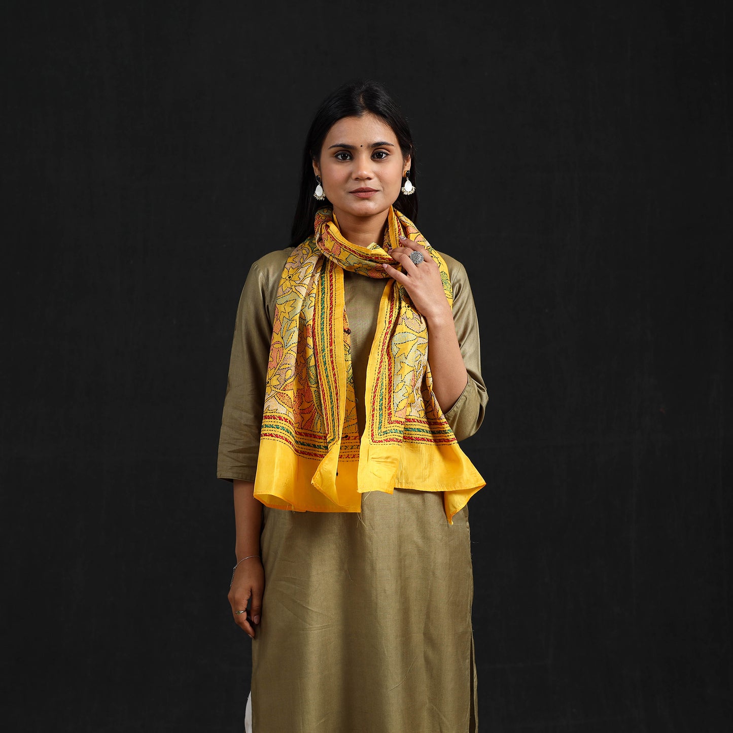 Yellow - Handloom Bangalore Silk Bengal Kantha Work Stole 56