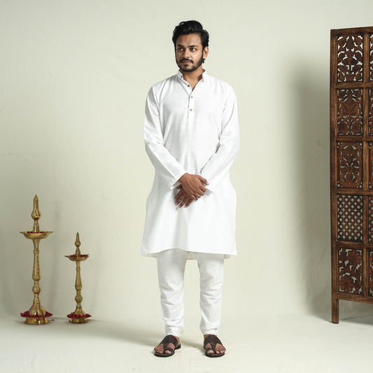 White - Plain Dyed Slub Silk Men Long Kurta