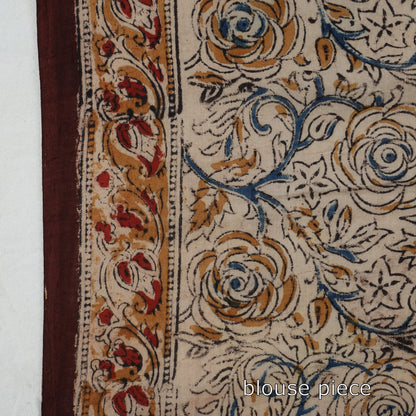 Brown - Pedana Kalamkari Block Printed Cotton Saree with Blouse Piece 22