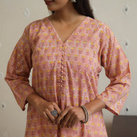  Peach Block Print Cotton Straight Sanganeri Kurta for Women