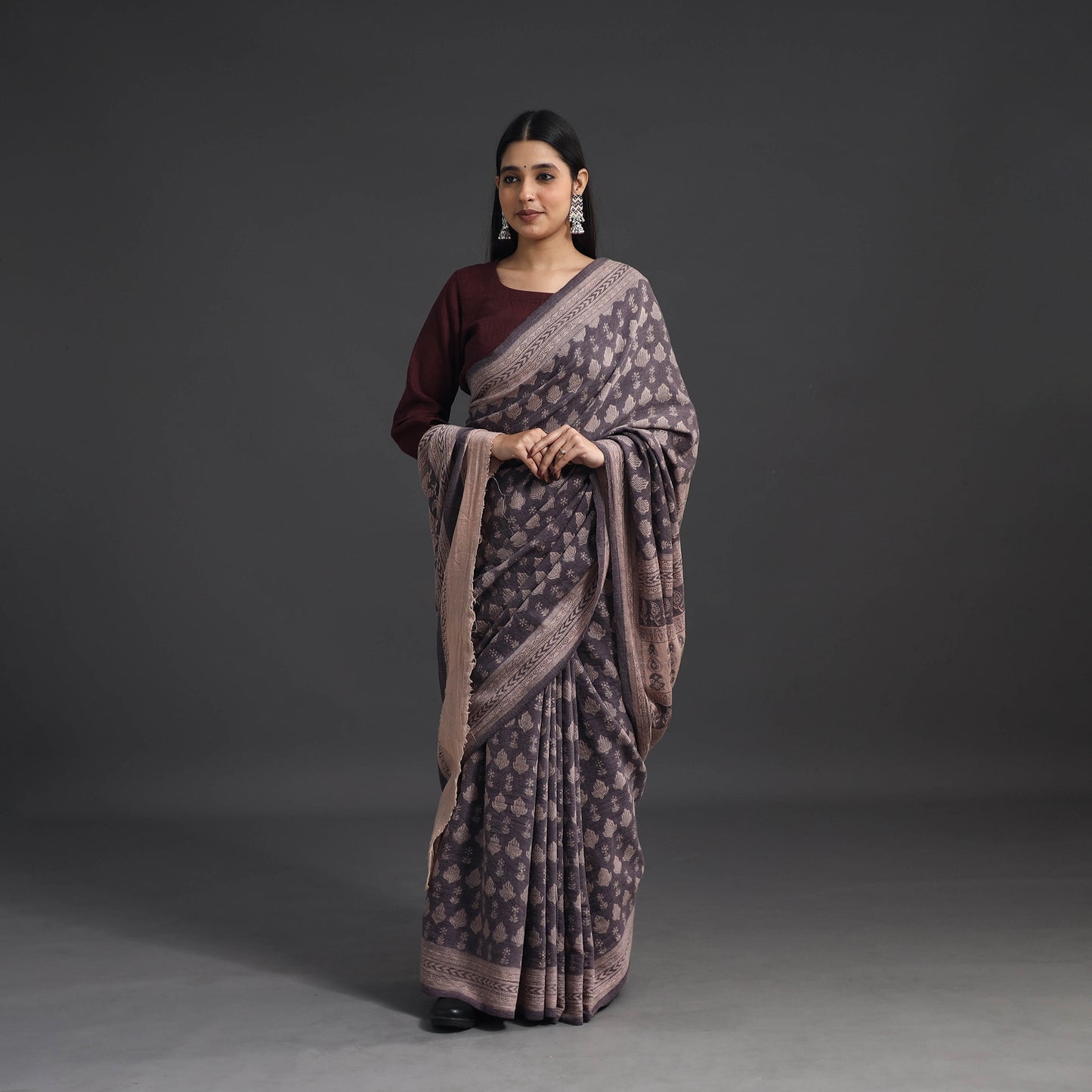 Brown - Handwoven Merino Wool Bagh Block Print Saree 05