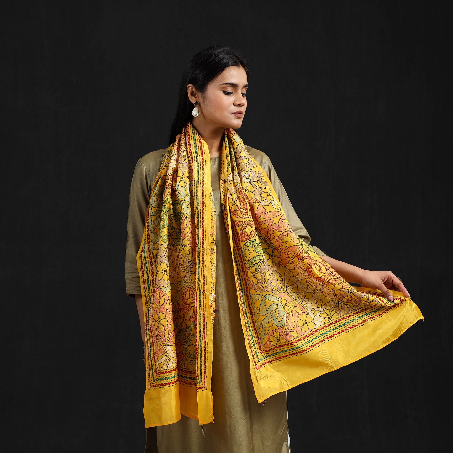 Yellow - Handloom Bangalore Silk Bengal Kantha Work Stole 56