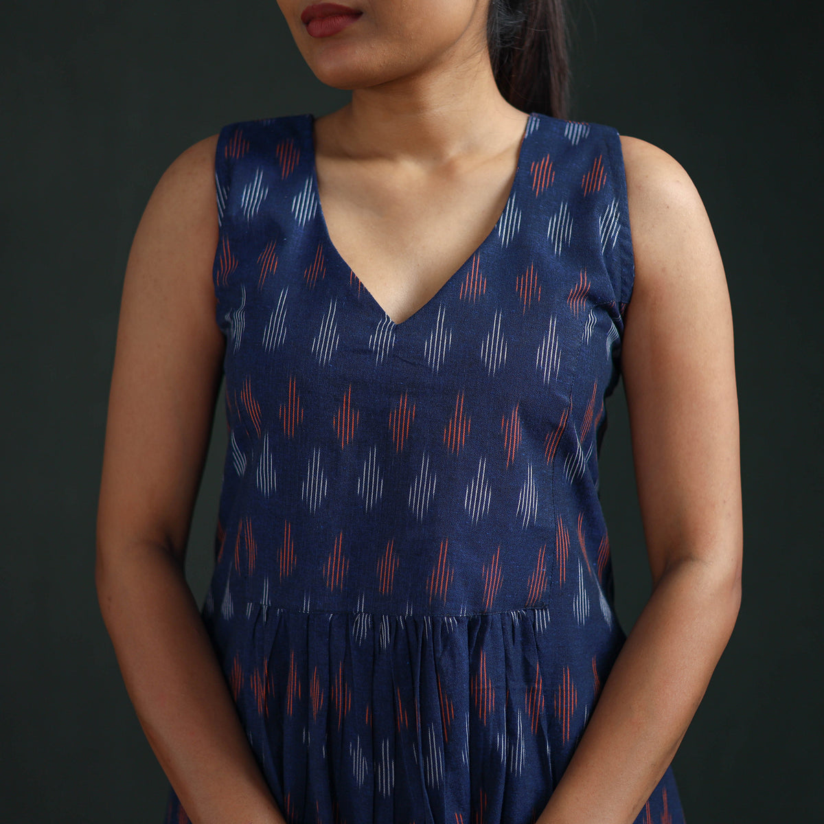 Pochampally Ikat Cotton Sleeveless Flared Long Dress for Women 17