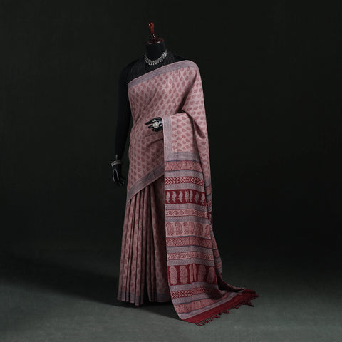 Handwoven Merino Wool Natural Dyed Hand Block Bagh Print Saree 09