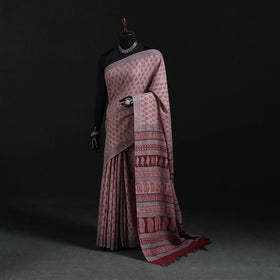 Handwoven Merino Wool Natural Dyed Hand Block Bagh Print Saree 09