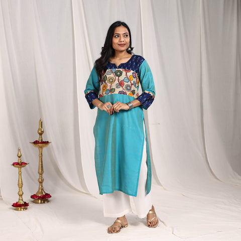 Aashvi Slub Silk Straight Plain Kurta with Patchwork