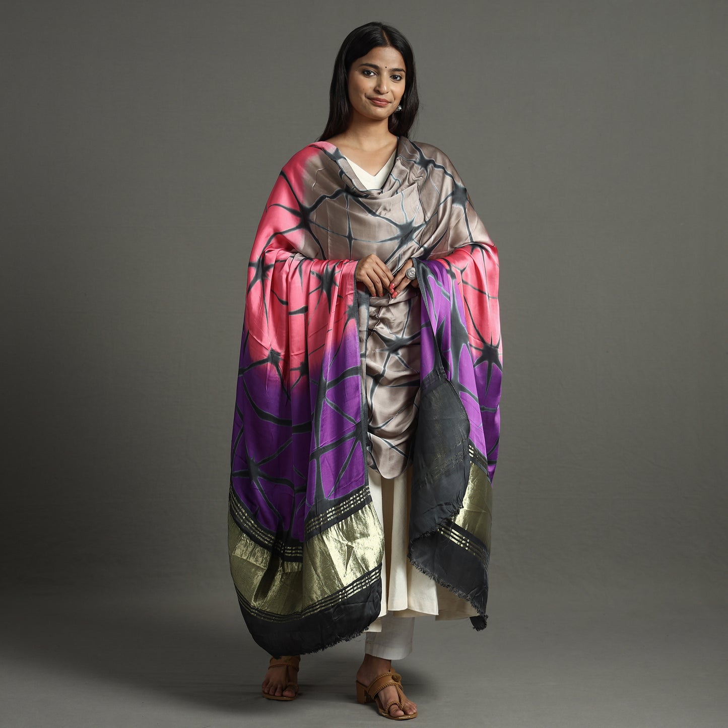 Multicolor - Shibori Clamp Dyed Modal Silk Dupatta with Zari Border 24