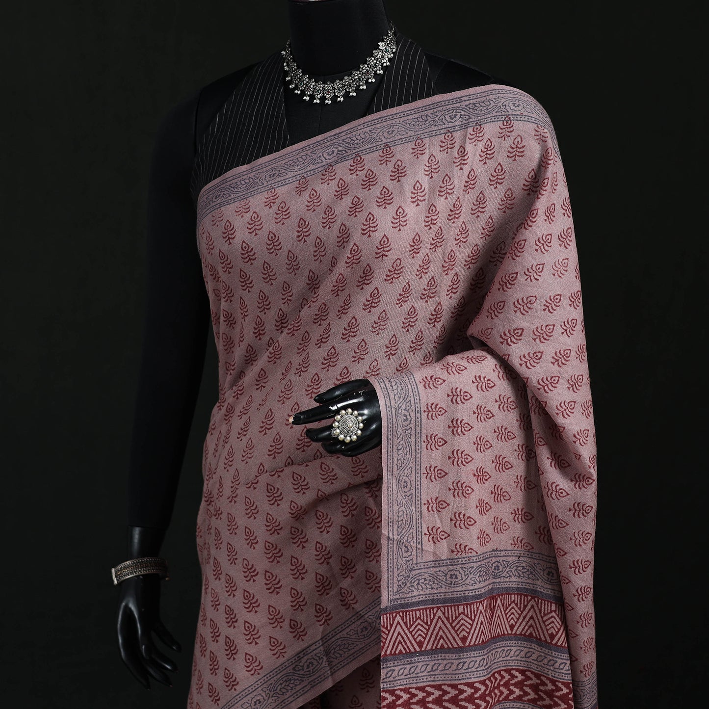 Handwoven Merino Wool Natural Dyed Hand Block Bagh Print Saree 09
