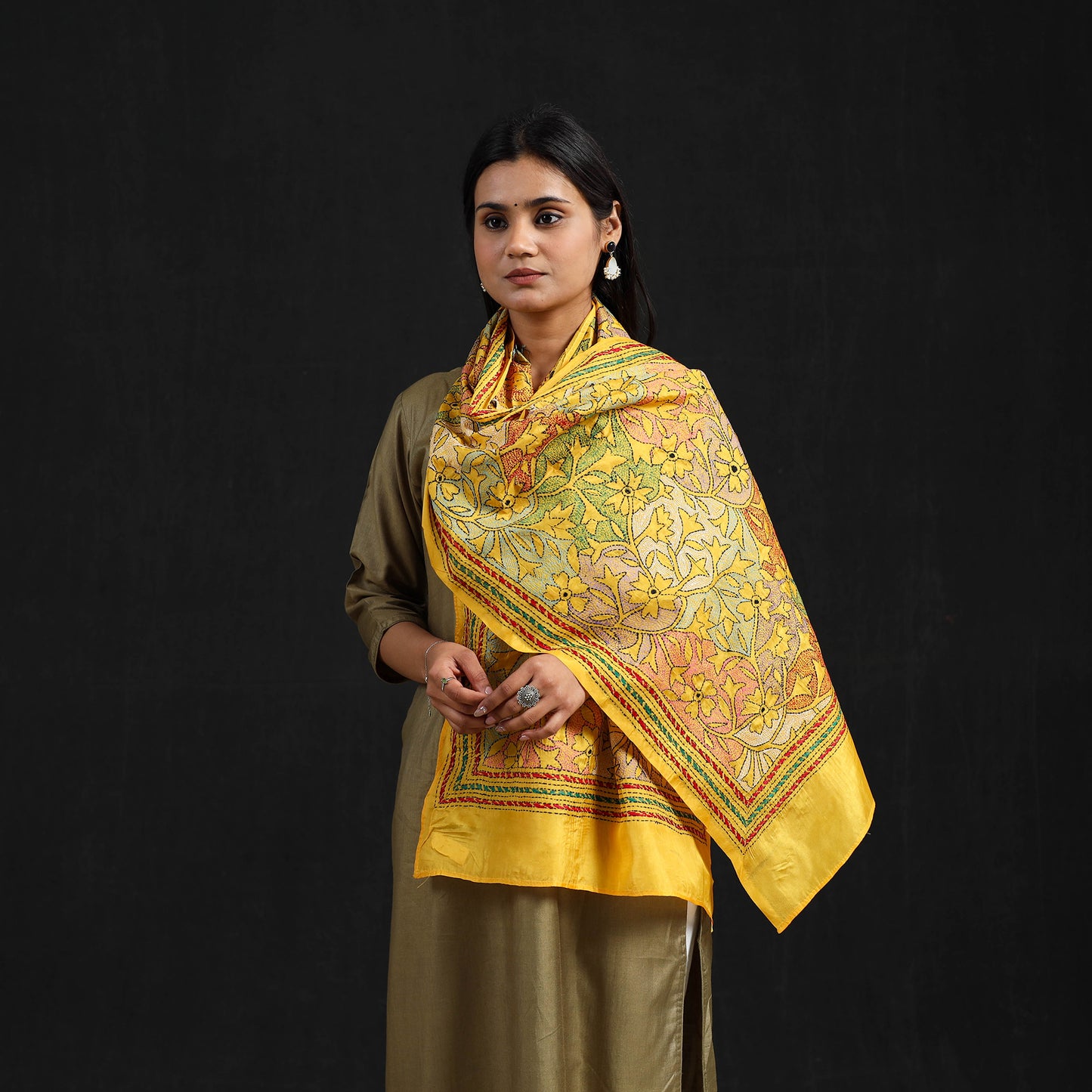 Yellow - Handloom Bangalore Silk Bengal Kantha Work Stole 56