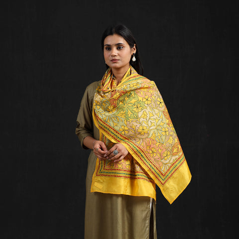 Yellow - Handloom Bangalore Silk Bengal Kantha Work Stole 56