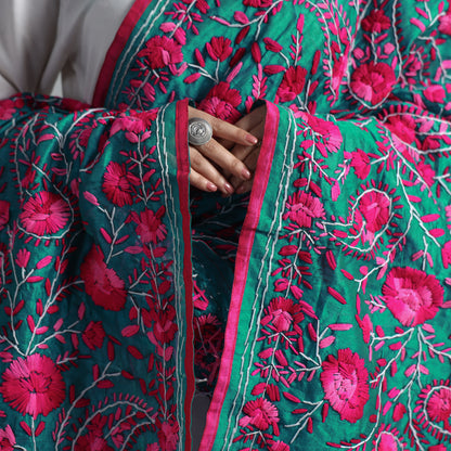 Green - Ranihati Chanderi Silk Chapa Work Phulkari Embroidered Dupatta 40