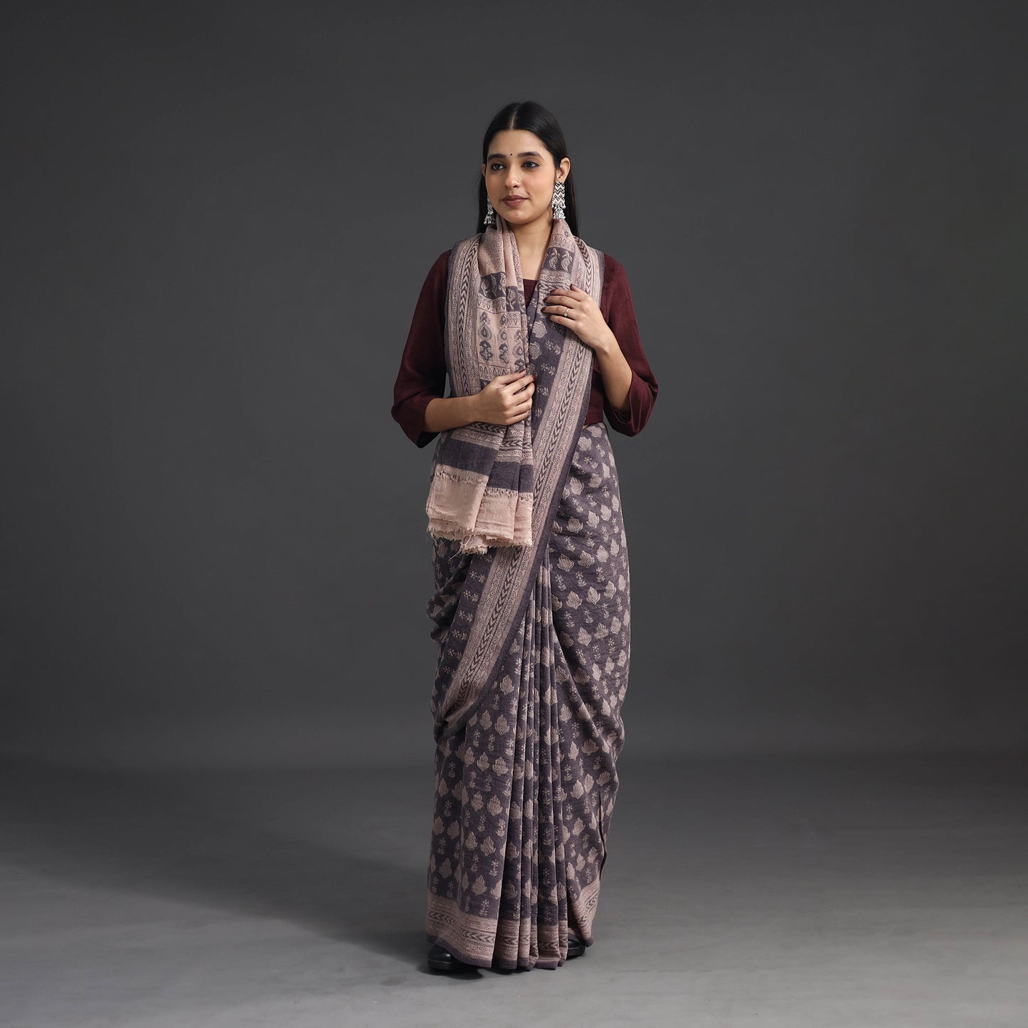 Brown - Handwoven Merino Wool Bagh Block Print Saree 05