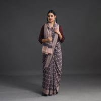 Brown - Handwoven Merino Wool Bagh Block Print Saree 05