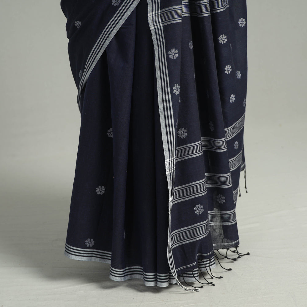 Blue - Handloom Cotton Phulia Jamdani Saree with Tassels 26