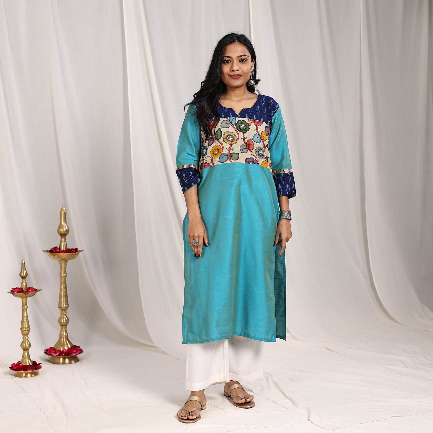 Aashvi Slub Silk Straight Plain Kurta with Patchwork