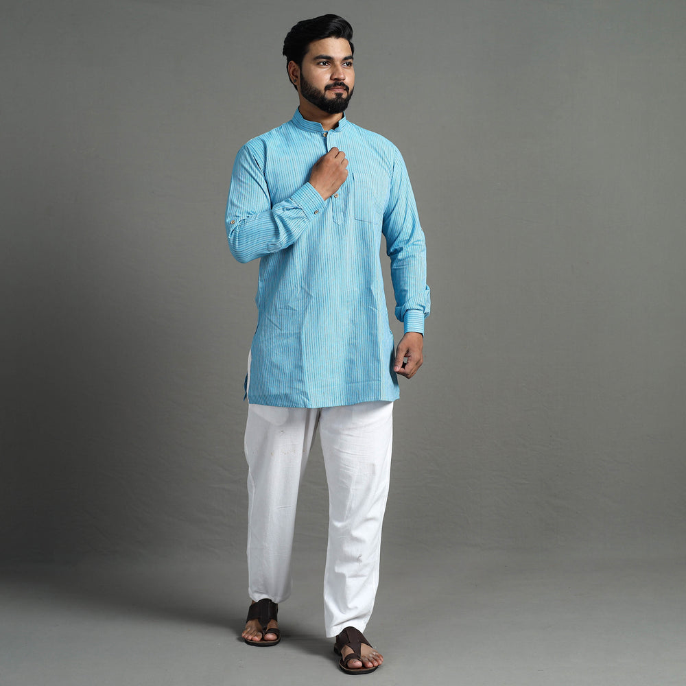 Sky Blue - Handloom Cotton Stripe Men Short Kurta